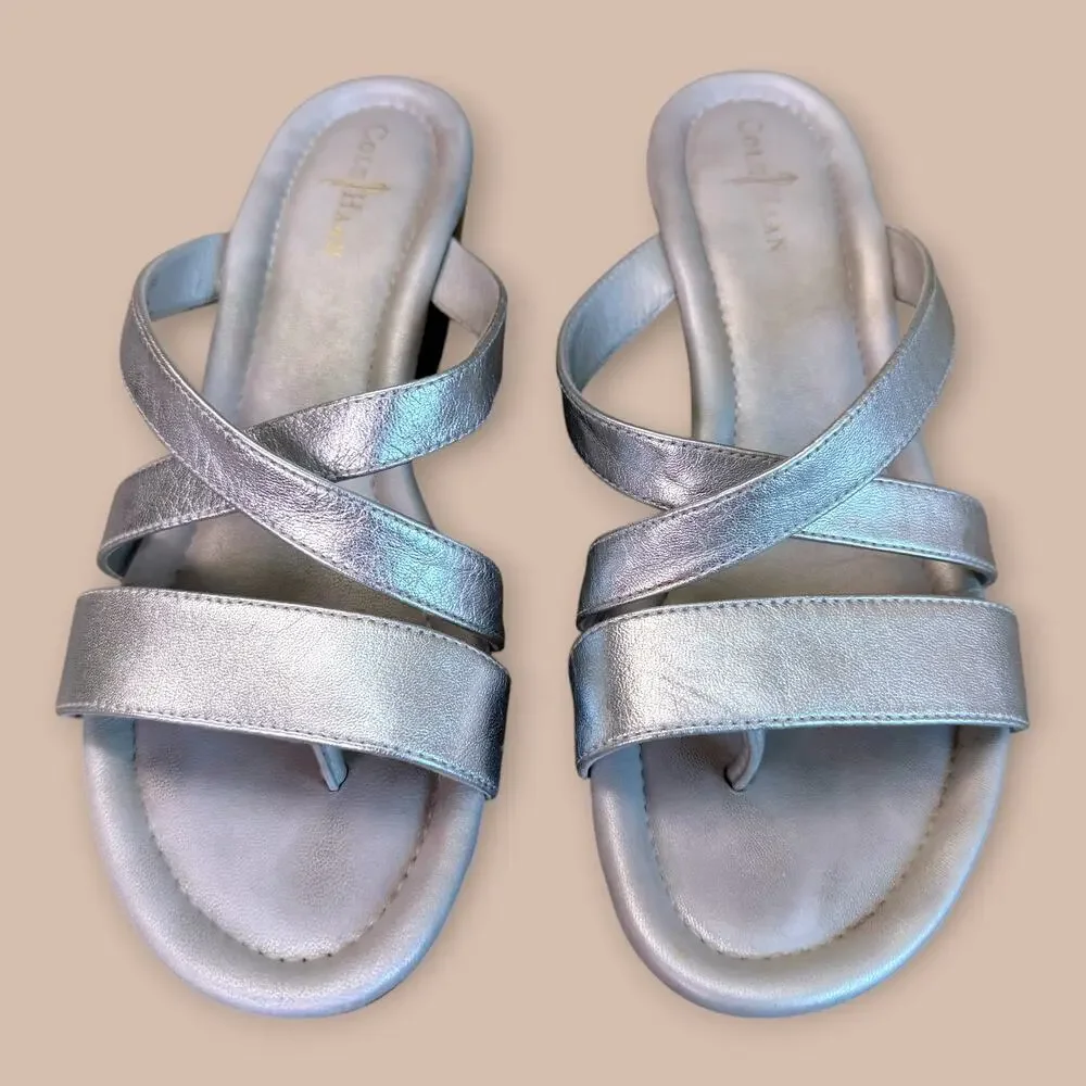 Cole Haan Nike Air Leather Wedge Thong Sandals Slip On Womens Size 6.5B Silver